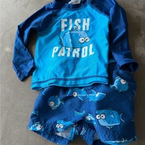 Wave Zone Blue 'Fish Patrol' Swim Set - Long Sleeve Rash Guard and Shorts 3-6m